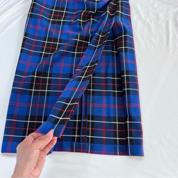 Zara Skirt Midi Women Medium Tartan Plaid Check Side Slit Ruched Blue Pencil Q - Picture 11 of 11